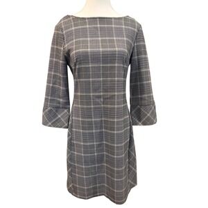 H&M Women's Size 6 Glen Plaid Sheath Dress Blue White Bell Sleeve Boat Neck